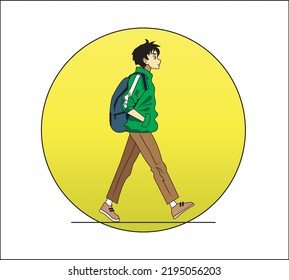 Carácter plano de anime de un escolar caminando con una mochila. Icono de un estudiante de estilo manga en un círculo amarillo. Ilustración del vector