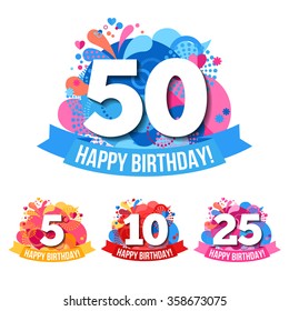 Flat anniversary emblems  with happy birthday congratulations ribbons and color balloons isolated vector illustration