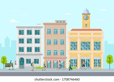 Flat apartment in town with people walking around.Town, leisure outside concept.Vector illustration.Modern buiding with people on street