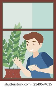 Flat apartment window with man holding coffee on white background illustration