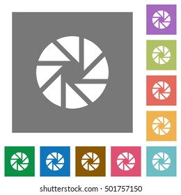 Flat aperture icons on simple color square background.