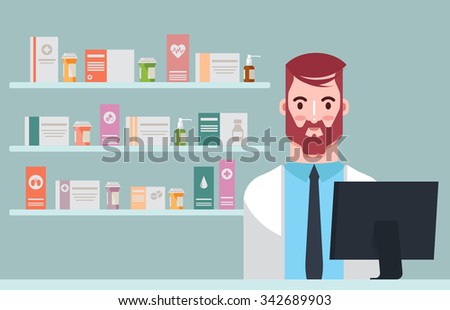 Flat Apothecary in Pharmacy. Medicament on Background. Vector Illustration