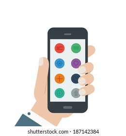 flat app phone hold in hand isolated background