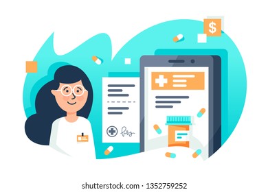 Flat app with recipes direction with young woman. Concept girl doctor character with mobile phone. Vector illustration.