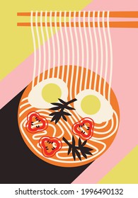 Flat appetizing noodles soup. Abstract noodles, shrimp, lemon. Colored Japanese food  illustration. Funny colored typography poster, apparel print design, restaurant menu decoration. Asian food poster