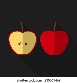 Flat apple with long shadow. Vector illustration, icon. Modern design