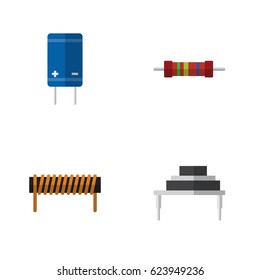 Flat Appliance Set Of Bobbin, Resistance, Transistor And Other Vector Objects. Also Includes Bobbin, Resistor, Copper Elements.