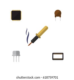 Flat Appliance Set Of Repair, Resist, Triode And Other Vector Objects. Also Includes Electronics, Semiconductor, Cpu Elements.