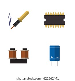 Flat Appliance Set Of Repair, Transistor, Coil Copper And Other Vector Objects. Also Includes Set, Spool, Coil Elements.