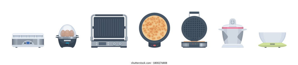 Flat appliances set. Grill, ice cream maker & other. Vector illustration. Collection