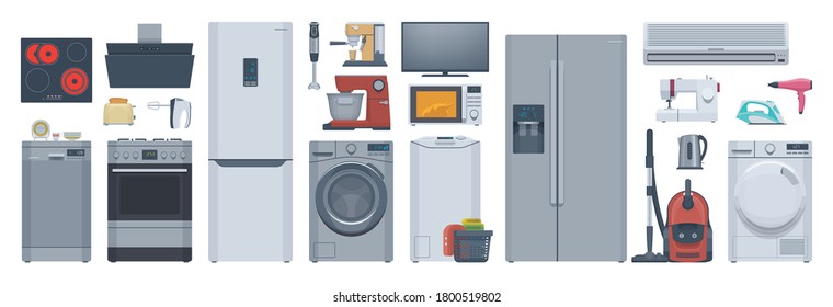 Flat appliances set. Refrigerator, washer, stove & other. Vector illustration. Collection