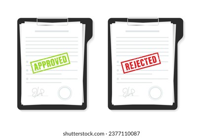 Flat approved rejected document for report design. Approved stamp green and Rejected stamp red, with grunge style. Vintage. Vector illustration