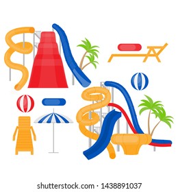 Ilustración vectorial de equipamiento de parque acuático plano. Caricatura Parque acuático familiar con toboganes, saloncitos, chaise-longue y paraguas. Animación de vacaciones de verano, descanso de vacaciones activo