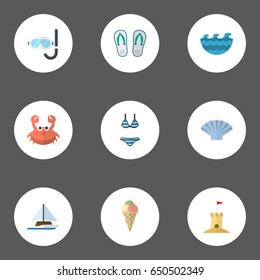 Flat Aqualung, Sailboard, Beachwear And Other Vector Elements. Set Of Beach Flat Symbols Also Includes Yacht, Sand, Sorbet Objects.