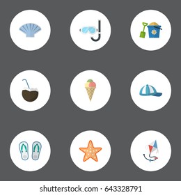 Flat Aqualung, Slippers, Conch And Other Vector Elements. Set Of Beach Flat Symbols Also Includes Beach, Star, Palm Objects.