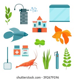 Flat aquarium set. ?quarium equipment, aquarium fish, shrimp and castle. Vector illustration