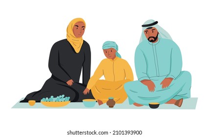 Flat arab family having meal vector illustration