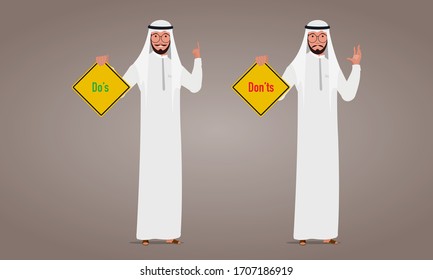 Flat Arab man Character with Do's and Don'ts Board Vector Illustration. Industrial Do's and Don't concept illustration.