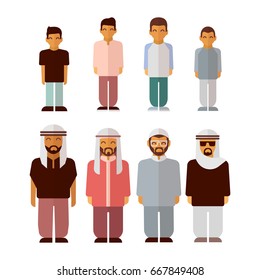 Flat arabic boys and men isolated on white background. Arabic people characters, vector illustration
