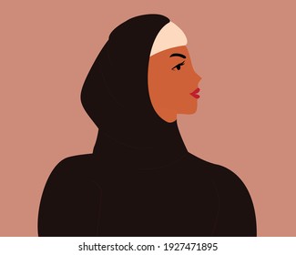 Flat Arabic woman character with hijab. Face features of a Muslim adult girl in middle east region banner. Arabian Women's,  mother's day greeting card. Women empowerment concept. vector illustration.