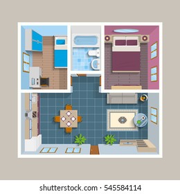 Flat architectural plan top view position with divided rooms and furniture vector illustration