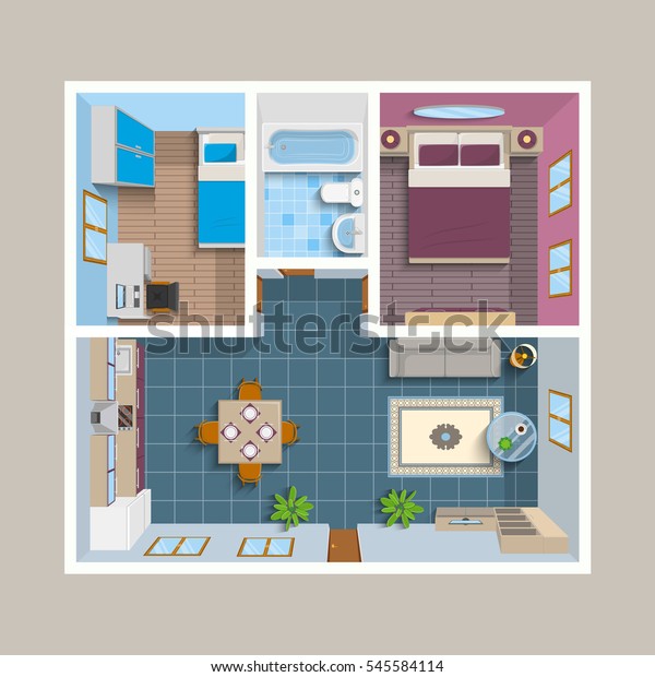 Flat architectural plan top\
view position with divided rooms and furniture vector\
illustration