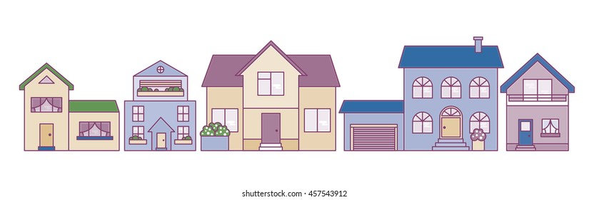 Flat architecture design. ?olor icons set of buildings. Stroke and modern real estate icons. Family houses, villa, mansion, town house, cottage.