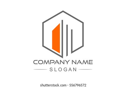 flat architecture line with hexagon outline logo