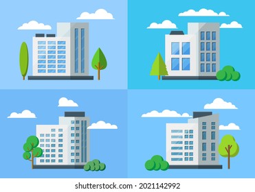Arquitectura plana sobre fondo azul, Colorido conjunto de vectores de construcción de empresa, Ciudad moderna de colección de construcción, Paisaje de ciudad con diseño de árboles y nubes