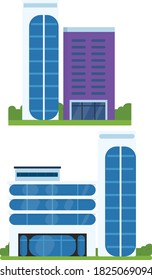 Flat architecture on white background, Colorful company building and tree vector set,