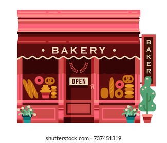 Flat Architecture Store Front Pink Bakery Shop With Bread Products In Window Vector Illustration