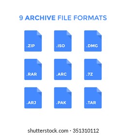 Flat archive file type icons. Blue vector file icons