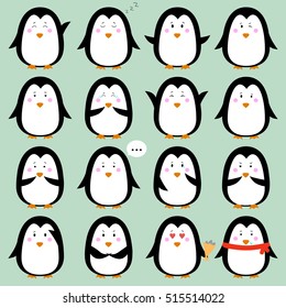  Flat Arctic Animals Emoji Set Vector. Cute Penguin. Vector Icons Set. Flat Stickers Set.