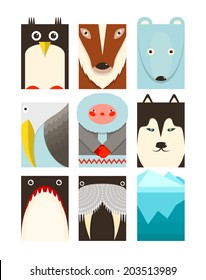 Flat Arctic Symbols Set. North pole animals collection. Vector layered EPS8 illustration.