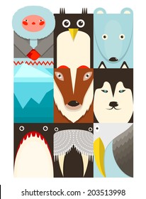 Flat Arctic Symbols Set. North pole animals collection. Vector layered EPS8 illustration.