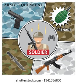 Flat army colorful composition with soldier bullets binoculars automatic machines pistol grenade knife on military camouflage backgrounds vector illustration