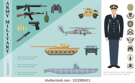 Flat army colorful concept with machine guns pistol knife bullets grenade binoculars officer military vehicles and emblems vector illustration