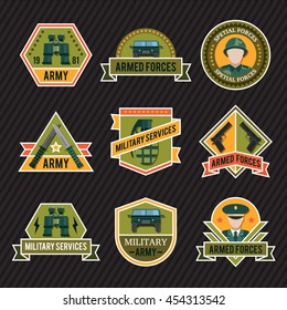 Flat army emblem set with armed forces spetial forces military services descriptions vector illustration