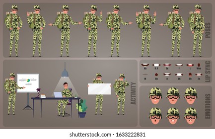 Flat Army or Military man character Set. Collection of character body Poses, facial gestures, investigation activities and Lip syncs poses. Ready-to-use and animate, character set. Vector illustration