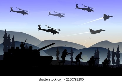 Flat Army Military War On Battlefield. Infantry And Airforce Silhoutte. Montain Landscape Background Ilustration.Eps10 Vector