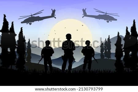 Flat army military war on battlefield. Infantry and airforce silhoutte. Montain landscape background ilustration.Eps10 vector