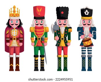 flat army nutcracker vector drawing illustration set design Classic Christmas cartoon style four wooden gifts soldier doll decoration toy