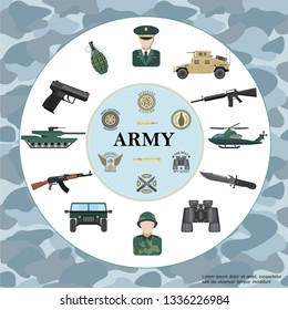 Flat army round concept with officer soldier armored car tank helicopter weapon binoculars grenade military badges on camouflage background vector illustration