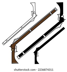 conjunto de cañones de arcabús planos. aislado de fondo blanco. arma, arma, pistola, candado, candado, casquete, arca, escopeta, mosquete, francotirador, icono, ilustración vectorial.