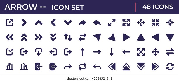 Flat arrow icons set featuring directional signs, navigation pointers, forward, backward, up, down, curved, circular, and interactive UI elements.