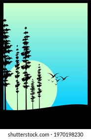 Flat art background design in blue with a view of the forest and the moon as a background at night