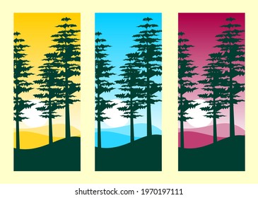 Flat art background design in orange, blue and red with a view of a forest with a nighttime background