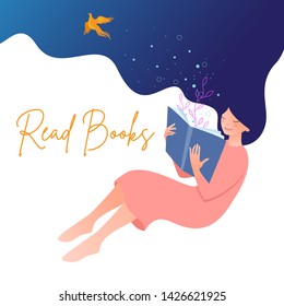 Flat art banner. Vector illustration of girl reading a book and dreaming up. Concept illustration of learning, distance studying and self education.