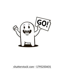 flat art black and white illustration of a happy blue cartoon character with a poster with the word Go in hand