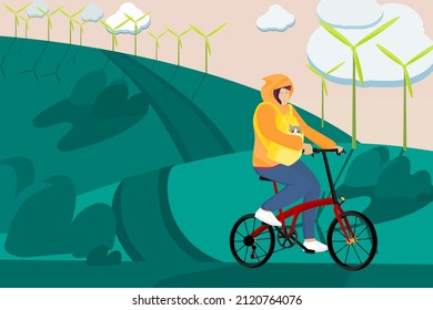 flat art and cartoon design for solo woman biking bicycle with her cat with wind turbine and sunset background